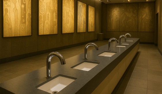 Row of touchless soap dispensers in corporate headquarters restroom
